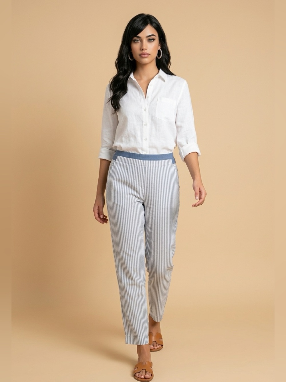 UNIQLO XL Blue White Striped Pull On Ankle Pants Elastic Waist